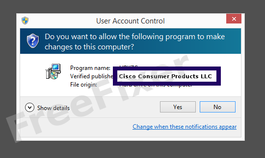 Screenshot where Cisco Consumer Products LLC appears as the verified publisher in the UAC dialog